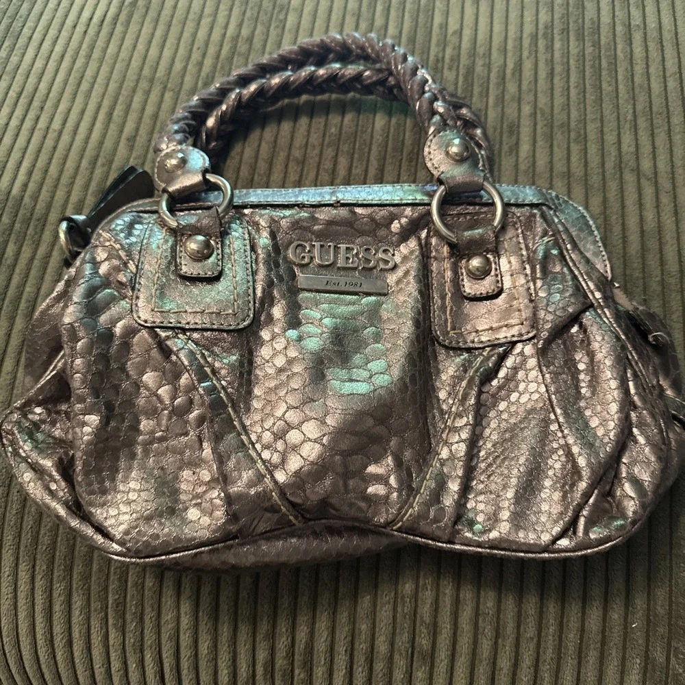 Y2K Guess Silver Metallic Shoulder Bag with Animal  Accent Braided Handle Strap